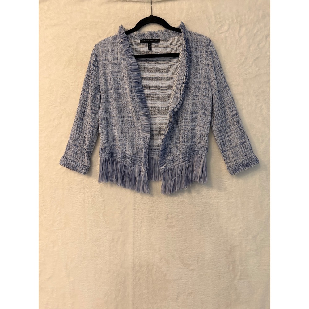 White House Black Market Blue Textured Fringe Open‎ Front Cardigan Medium